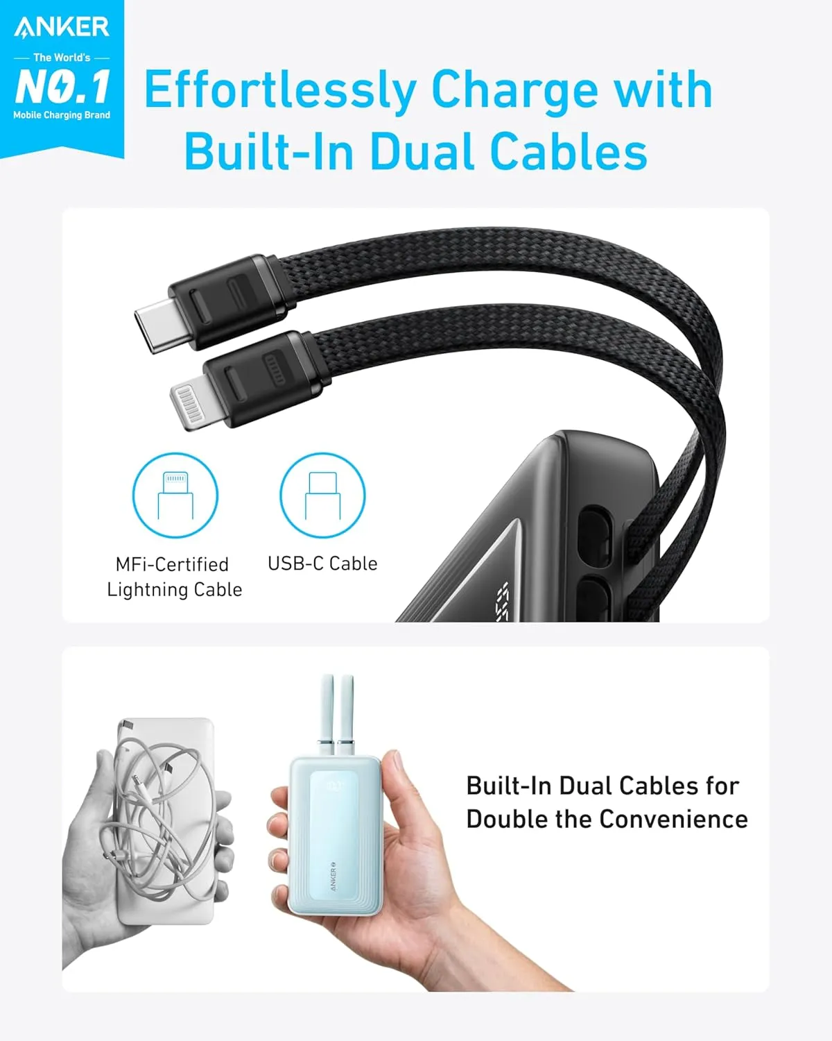 Anker Power Bank, 10000Mah, 30Watts, Built-In USB-C Lightning Cable, Black