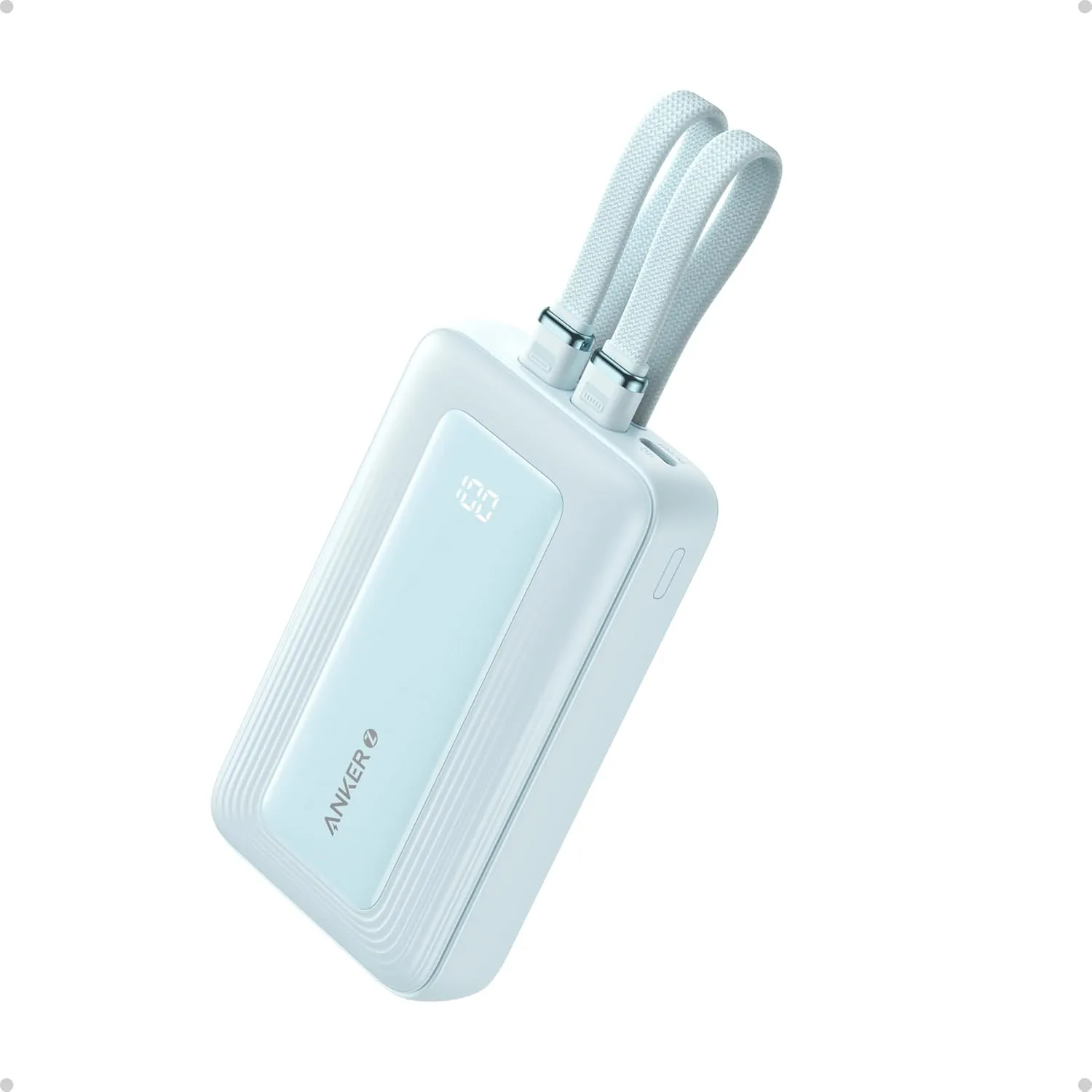 Anker Power Bank, 10000Mah, 30Watts, Built-In USB-C Lightning Cable, Blue