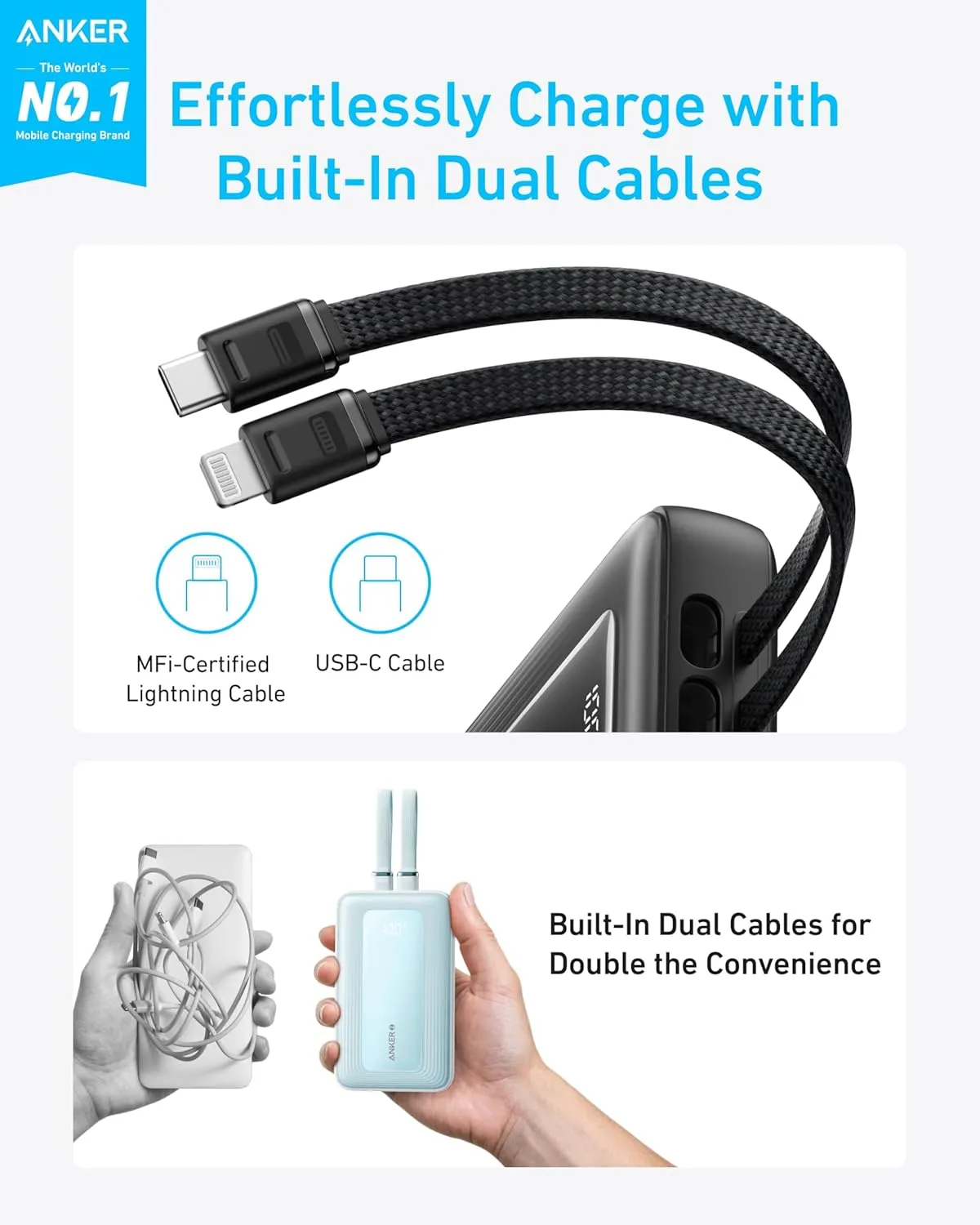 Anker Power Bank, 20000Mah, 30Watts, Built-In USB-C Lightning Cable, Black