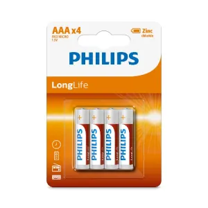 Philips LongLife Zinc Batteries AAA, Pack of 4, Silver