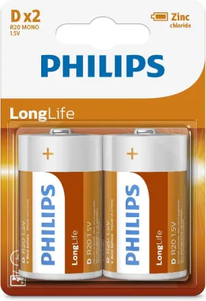 Philips LongLife Zinc Batteries D, Pack of 2, Silver