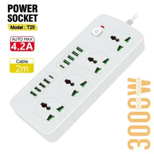Power Socket- 4 Ac-8Usb-2Type C 3000W/ Cable 2M