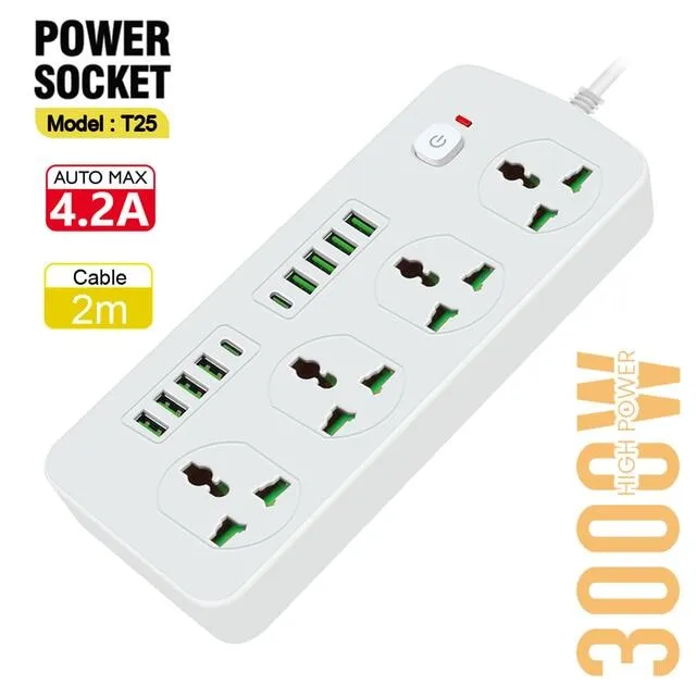 Power Socket- 4 Ac-8Usb-2Type C 3000W/ Cable 2M