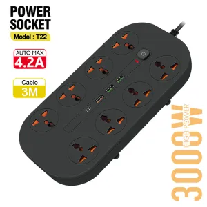 Power Socket- 8 Ac Auto Max 4.2A 3000W/ Cable 3M