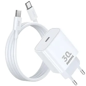 Remax Wall Charger & Fast Data Cable, 30Watts, White