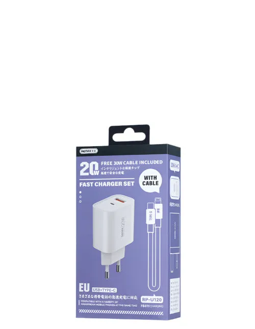 Remax Wall Charger USB A & Type C Fast Charger, 20Watts, White