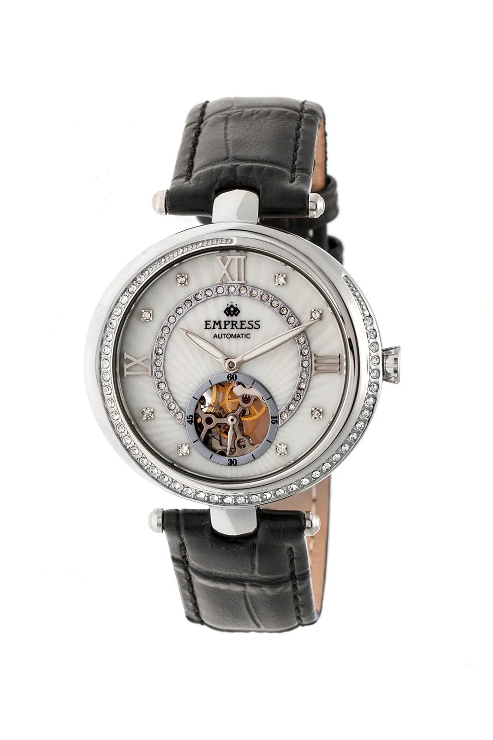 Stella Automatic Semi-Skeleton MOP Leather-Band Watch