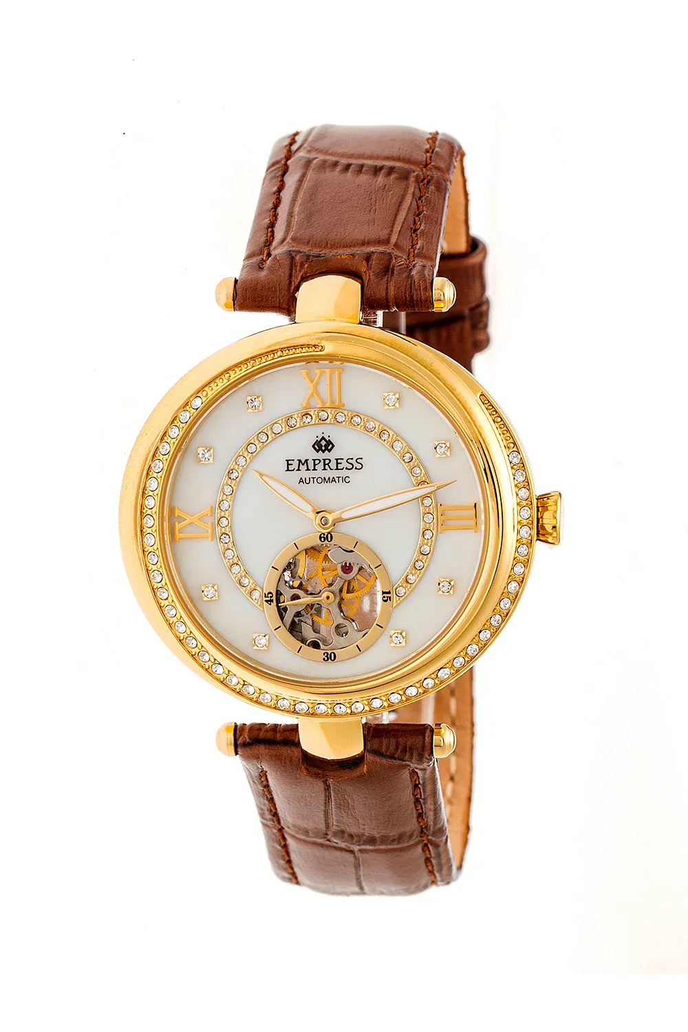 Stella Automatic Semi-Skeleton MOP Leather-Band Watch