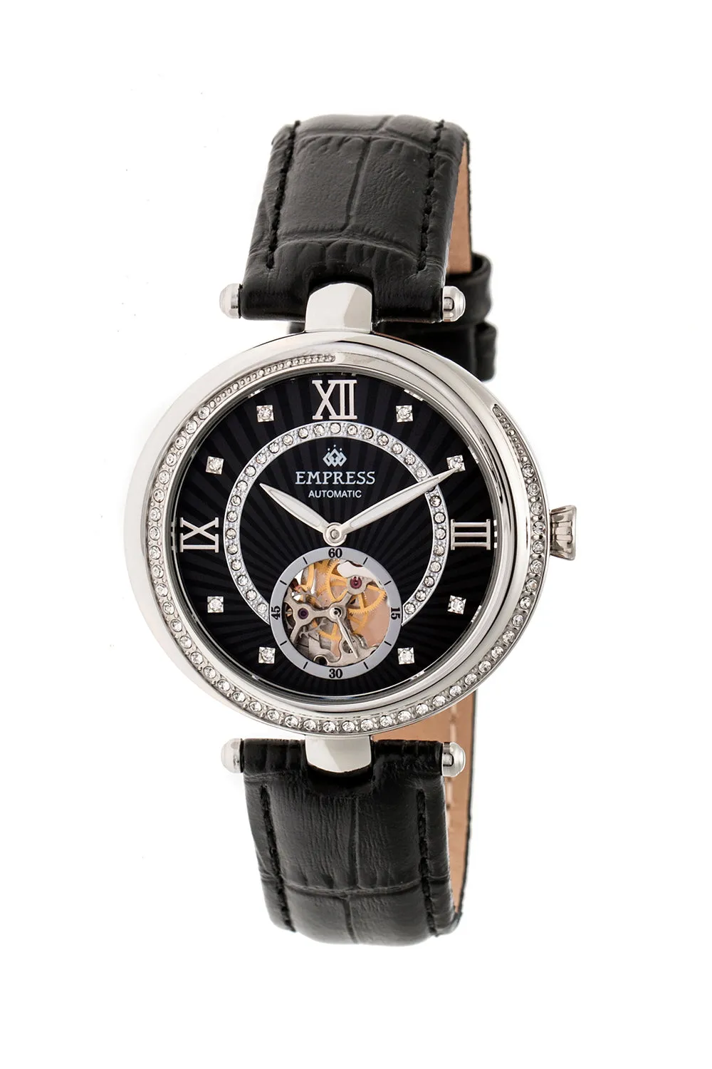 Stella Automatic Semi-Skeleton MOP Leather-Band Watch