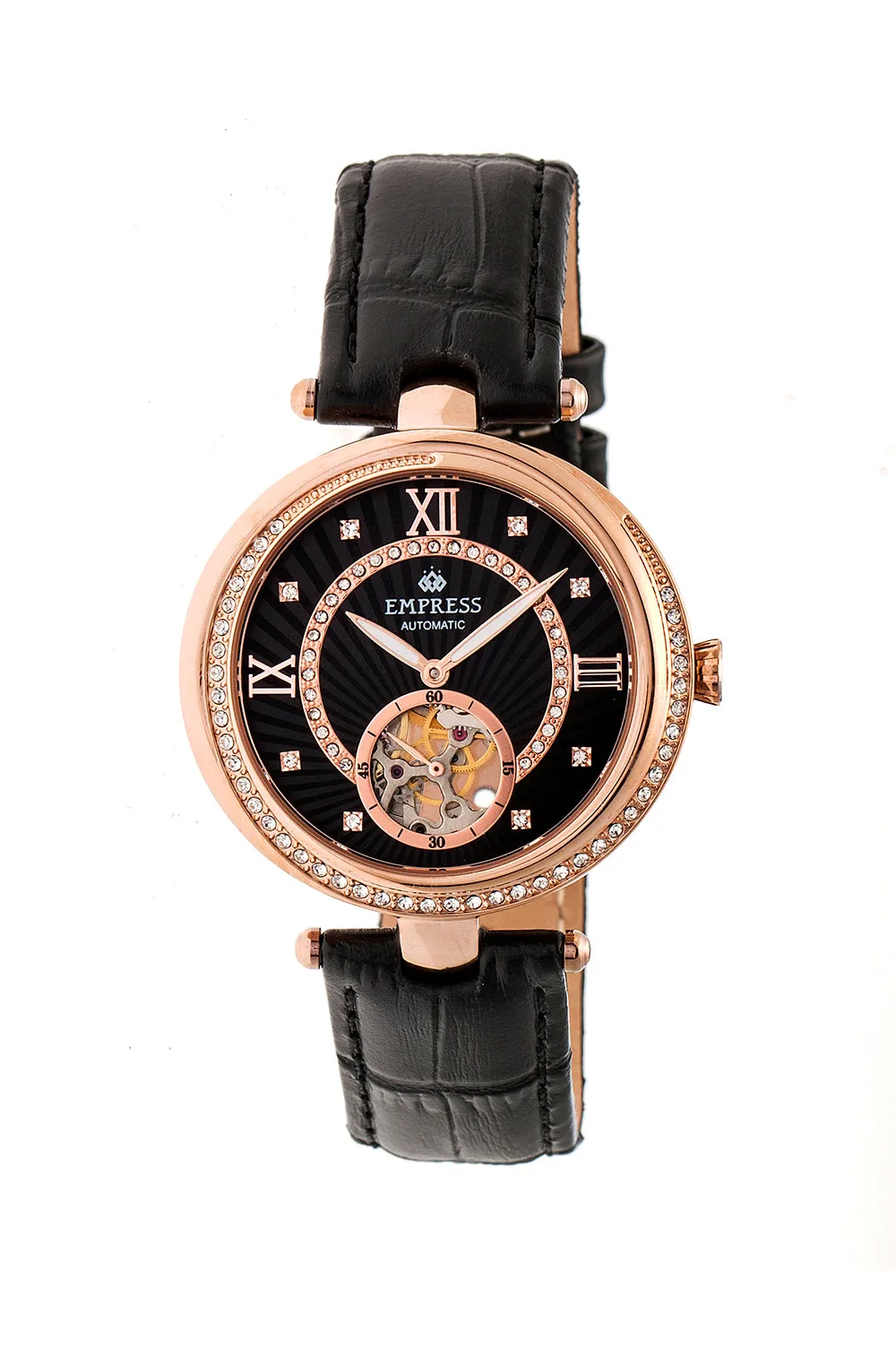 Stella Automatic Semi-Skeleton MOP Leather-Band Watch